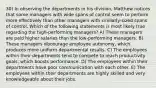 30) In observing the departments in his division, Matthew notices that some managers with wide spans of control seem to perform more effectively than other managers with similarly-sized spans of control. Which of the following statements is most likely true regarding the high-performing managers? A) These managers are paid higher salaries than the low-performing managers. B) These managers discourage employee autonomy, which produces more uniform departmental results. C) The employees within their departments tend to compete to reach productivity goals, which boosts performance. D) The employees within their departments have poor communication with each other. E) The employees within their departments are highly skilled and very knowledgeable about their jobs.