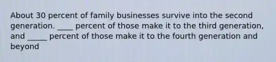 About 30 percent of family businesses survive into the second generation.​ ____ percent of those make it to the third​ generation, and​ _____ percent of those make it to the fourth generation and beyond