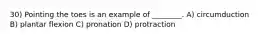 30) Pointing the toes is an example of ________. A) circumduction B) plantar flexion C) pronation D) protraction