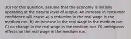 30) For this question, assume that the economy is initially operating at the natural level of output. An increase in consumer confidence will cause A) a reduction in the real wage in the medium run. B) an increase in the real wage in the medium run. C) no change in the real wage in the medium run. D) ambiguous effects on the real wage in the medium run.