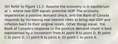 30) Refer to Figure 11.2. Assume the economy is in equilibrium at 1, where real GDP equals potential GDP. The economy experiences a positive demand shock, and the Bank of Canada responds by increasing real interest rates to bring real GDP and inflation back to their original levels. Other things equal, the Bank of Canada's response to the positive demand shock is best represented by a movement from A) point B to point D. B) point C to point D. C) point B to point A. D) point C to point A.