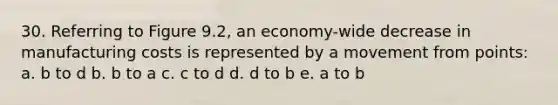 30. Referring to Figure 9.2, an economy-wide decrease in manufacturing costs is represented by a movement from points: a. b to d b. b to a c. c to d d. d to b e. a to b