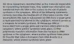 30) Once researchers identified DNA as the molecule responsible for transmitting heritable traits, they asked how information was transferred from the DNA in the nucleus to the site of protein synthesis in the cytoplasm. Which of the following statements correctly describes the mechanism of information transfer that accomplishes this task in eukaryotes? A) DNA from a single gene is replicated and transferred to the cytoplasm, where it serves as a template for protein synthesis. B) Messenger RNA is transcribed from a single gene and transfers information to the cytoplasm, where protein synthesis takes place. C) RNA polymerase transfers information from the nucleus to tRNA synthase in the cytoplasm, where protein synthesis takes place. D) Transfer RNA takes information from DNA directly to a ribosome, where protein synthesis takes place.