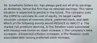 30. Schalheim Sisters Inc. has always paid out all of its earnings as dividends, hence the firm has no retained earnings. This same situation is expected to persist in the future. The company uses the CAPM to calculate its cost of equity, its target capital structure consists of common stock, preferred stock, and debt. Which of the following events would REDUCE its WACC? a. The market risk premium declines. b.The flotation costs associated with issuing new comm on stock increase. c.The company's beta increases. d.Expected inflation increases. e.The flotation costs associated with issuing preferred stock increase.