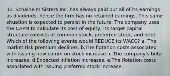 30. Schalheim Sisters Inc. has always paid out all of its earnings as dividends, hence the firm has no retained earnings. This same situation is expected to persist in the future. The company uses the CAPM to calculate its cost of equity, its target capital structure consists of common stock, preferred stock, and debt. Which of the following events would REDUCE its WACC? a. The market risk premium declines. b.The flotation costs associated with issuing new comm on stock increase. c.The company's beta increases. d.Expected inflation increases. e.The flotation costs associated with issuing preferred stock increase.