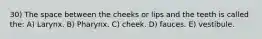 30) The space between the cheeks or lips and the teeth is called the: A) Larynx. B) Pharynx. C) cheek. D) fauces. E) vestibule.