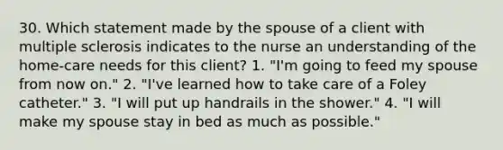 30. Which statement made by the spouse of a client with multiple sclerosis indicates to the nurse an understanding of the home-care needs for this client? 1. "I'm going to feed my spouse from now on." 2. "I've learned how to take care of a Foley catheter." 3. "I will put up handrails in the shower." 4. "I will make my spouse stay in bed as much as possible."