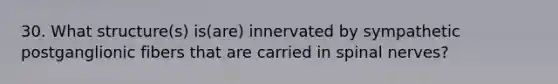 30. What structure(s) is(are) innervated by sympathetic postganglionic fibers that are carried in spinal nerves?