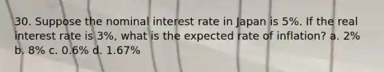 30. Suppose the nominal interest rate in Japan is 5%. If the real interest rate is 3%, what is the expected rate of inflation? a. 2% b. 8% c. 0.6% d. 1.67%