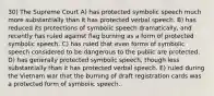 30) The Supreme Court A) has protected symbolic speech much more substantially than it has protected verbal speech. B) has reduced its protections of symbolic speech dramatically, and recently has ruled against flag burning as a form of protected symbolic speech. C) has ruled that even forms of symbolic speech considered to be dangerous to the public are protected. D) has generally protected symbolic speech, though less substantially than it has protected verbal speech. E) ruled during the Vietnam war that the burning of draft registration cards was a protected form of symbolic speech.