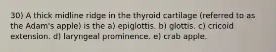 30) A thick midline ridge in the thyroid cartilage (referred to as the Adam's apple) is the a) epiglottis. b) glottis. c) cricoid extension. d) laryngeal prominence. e) crab apple.