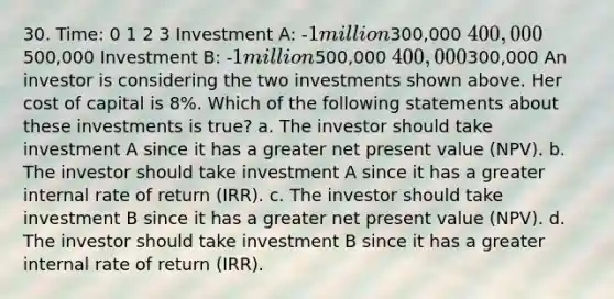 30. Time: 0 1 2 3 Investment A: -1 million300,000 400,000500,000 Investment B: -1 million500,000 400,000300,000 An investor is considering the two investments shown above. Her cost of capital is 8%. Which of the following statements about these investments is true? a. The investor should take investment A since it has a greater net present value (NPV). b. The investor should take investment A since it has a greater internal rate of return (IRR). c. The investor should take investment B since it has a greater net present value (NPV). d. The investor should take investment B since it has a greater internal rate of return (IRR).