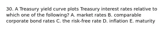 30. A Treasury yield curve plots Treasury interest rates relative to which one of the following? A. market rates B. comparable corporate bond rates C. the risk-free rate D. inflation E. maturity