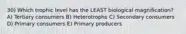 30) Which trophic level has the LEAST biological magnification? A) Tertiary consumers B) Heterotrophs C) Secondary consumers D) Primary consumers E) Primary producers