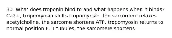 30. What does troponin bind to and what happens when it binds? Ca2+, tropomyosin shifts tropomyosin, the sarcomere relaxes acetylcholine, the sarcome shortens ATP, tropomyosin returns to normal position E. T tubules, the sarcomere shortens