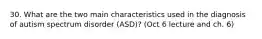 30. What are the two main characteristics used in the diagnosis of autism spectrum disorder (ASD)? (Oct 6 lecture and ch. 6)