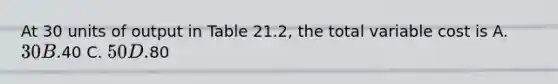 At 30 units of output in Table 21.2, the total variable cost is A. 30 B.40 C. 50 D.80