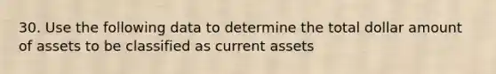 30. Use the following data to determine the total dollar amount of assets to be classified as current assets