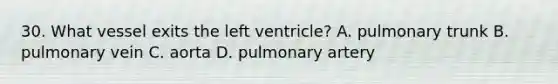 30. What vessel exits the left ventricle? A. pulmonary trunk B. pulmonary vein C. aorta D. pulmonary artery