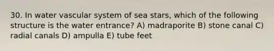 30. In water vascular system of sea stars, which of the following structure is the water entrance? A) madraporite B) stone canal C) radial canals D) ampulla E) tube feet