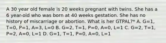 A 30 year old female is 20 weeks pregnant with twins. She has a 6 year-old who was born at 40 weeks gestation. She has no history of miscarriage or abortion. What is her GTPAL?* A. G=1, T=0, P=1, A=3, L=0 B. G=2, T=1, P=0, A=0, L=1 C. G=2, T=1, P=2, A=0, L=1 D. G=1, T=1, P=0, A=0, L=1