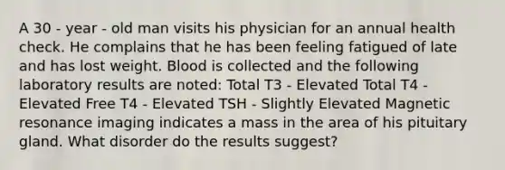 A 30 - year - old man visits his physician for an annual health check. He complains that he has been feeling fatigued of late and has lost weight. Blood is collected and the following laboratory results are noted: Total T3 - Elevated Total T4 - Elevated Free T4 - Elevated TSH - Slightly Elevated Magnetic resonance imaging indicates a mass in the area of his pituitary gland. What disorder do the results suggest?