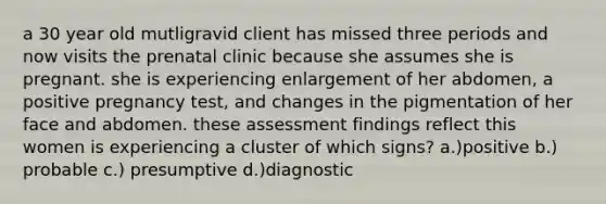 a 30 year old mutligravid client has missed three periods and now visits the prenatal clinic because she assumes she is pregnant. she is experiencing enlargement of her abdomen, a positive pregnancy test, and changes in the pigmentation of her face and abdomen. these assessment findings reflect this women is experiencing a cluster of which signs? a.)positive b.) probable c.) presumptive d.)diagnostic