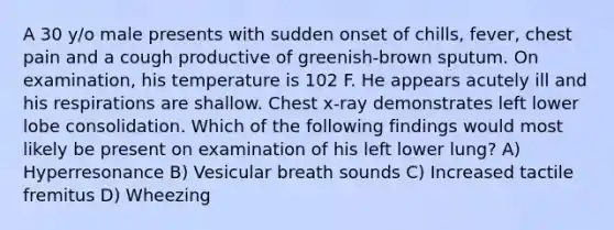 A 30 y/o male presents with sudden onset of chills, fever, chest pain and a cough productive of greenish-brown sputum. On examination, his temperature is 102 F. He appears acutely ill and his respirations are shallow. Chest x-ray demonstrates left lower lobe consolidation. Which of the following findings would most likely be present on examination of his left lower lung? A) Hyperresonance B) Vesicular breath sounds C) Increased tactile fremitus D) Wheezing