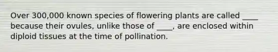 Over 300,000 known species of flowering plants are called ____ because their ovules, unlike those of ____, are enclosed within diploid tissues at the time of pollination.