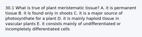 30.1 What is true of plant <a href='https://www.questionai.com/knowledge/kh2R1rHa5M-meristematic-tissue' class='anchor-knowledge'>meristematic tissue</a>? A. it is permanent tissue B. it is found only in shoots C. it is a major source of photosynthate for a plant D. it is mainly haploid tissue in <a href='https://www.questionai.com/knowledge/kbaUXKuBoK-vascular-plants' class='anchor-knowledge'>vascular plants</a> E. it consists mainly of undifferentiated or incompletely differentiated cells