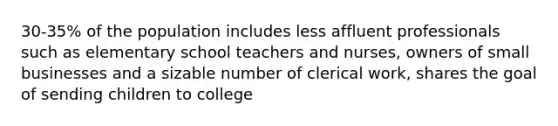 30-35% of the population includes less affluent professionals such as elementary school teachers and nurses, owners of small businesses and a sizable number of clerical work, shares the goal of sending children to college