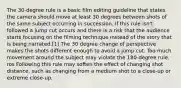 The 30-degree rule is a basic film editing guideline that states the camera should move at least 30 degrees between shots of the same subject occurring in succession. If this rule isn't followed a jump cut occurs and there is a risk that the audience starts focusing on the filming technique instead of the story that is being narrated.[1] The 30 degree change of perspective makes the shots different enough to avoid a jump cut. Too much movement around the subject may violate the 180-degree rule. ros Following this rule may soften the effect of changing shot distance, such as changing from a medium shot to a close-up or extreme close-up.