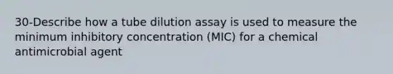 30-Describe how a tube dilution assay is used to measure the minimum inhibitory concentration (MIC) for a chemical antimicrobial agent