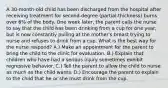 A 30-month-old child has been discharged from the hospital after receiving treatment for second-degree (partial-thickness) burns over 6% of the body. One week later, the parent calls the nurse to say that the child has been drinking from a cup for one year, but is now constantly pulling at the mother's breast trying to nurse and refuses to drink from a cup. What is the best way for the nurse respond? A.) Make an appointment for the parent to bring the child to the clinic for evaluation. B.) Explain that children who have had a serious injury sometimes exhibit regressive behavior. C.) Tell the parent to allow the child to nurse as much as the child wants. D.) Encourage the parent to explain to the child that he or she must drink from the cup.