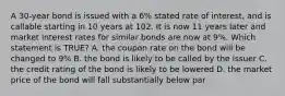 A 30-year bond is issued with a 6% stated rate of interest, and is callable starting in 10 years at 102. It is now 11 years later and market interest rates for similar bonds are now at 9%. Which statement is TRUE? A. the coupon rate on the bond will be changed to 9% B. the bond is likely to be called by the issuer C. the credit rating of the bond is likely to be lowered D. the market price of the bond will fall substantially below par