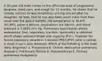 A 30-year old male comes to the office because of progressive dyspnea, chest pain, and cough for 12 months. He states that he initially noticed he was breathless running around after his daughter. He feels that he has also been much more tired than usual over the past 6 months. His temperature is 36.4ºC (97.5ºF), pulse is 80/min, respirations are 18/min, and blood pressure is 118/62 mm Hg. Pulmonary auscultation shows widespread, fine, inspiratory crackles. Spirometry is obtained which shows reduced forced vital capacity (FVC), however his forced expiratory volume in 1 second (FEV1)/FVC ratio is normal. A chest X-ray is also obtained. Which of the following is the most likely diagnosis? A. Pneumonia B. Chronic obstructive pulmonary disease C. Pulmonary fibrosis D. Pneumothorax E. Primary pulmonary malignancy