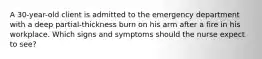 A 30-year-old client is admitted to the emergency department with a deep partial-thickness burn on his arm after a fire in his workplace. Which signs and symptoms should the nurse expect to see?