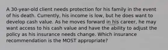 A 30-year-old client needs protection for his family in the event of his death. Currently, his income is low, but he does want to develop cash value. As he moves forward in his career, he may want access to his cash value and have the ability to adjust the policy as his insurance needs change. Which insurance recommendation is the MOST appropriate?