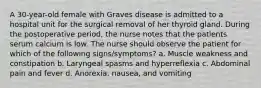 A 30-year-old female with Graves disease is admitted to a hospital unit for the surgical removal of her thyroid gland. During the postoperative period, the nurse notes that the patients serum calcium is low. The nurse should observe the patient for which of the following signs/symptoms? a. Muscle weakness and constipation b. Laryngeal spasms and hyperreflexia c. Abdominal pain and fever d. Anorexia, nausea, and vomiting