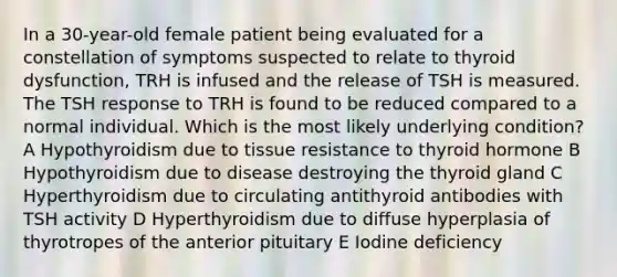 In a 30-year-old female patient being evaluated for a constellation of symptoms suspected to relate to thyroid dysfunction, TRH is infused and the release of TSH is measured. The TSH response to TRH is found to be reduced compared to a normal individual. Which is the most likely underlying condition? A Hypothyroidism due to tissue resistance to thyroid hormone B Hypothyroidism due to disease destroying the thyroid gland C Hyperthyroidism due to circulating antithyroid antibodies with TSH activity D Hyperthyroidism due to diffuse hyperplasia of thyrotropes of the anterior pituitary E Iodine deficiency