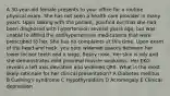 A 30-year-old female presents to your office for a routine physical exam. She has not seen a health care provider in many years. Upon talking with the patient, you find out that she had been diagnosed with hypertension several years ago, but was unable to afford the antihypertensive medications that were prescribed to her. She has no complaints at this time. Upon exam of the head and neck, you note widened spaces between her lower incisor teeth and a large, fleshy nose. Her skin is oily and she demonstrates mild proximal muscle weakness. Her EKG reveals a left axis deviation and widened QRS. What is the most likely rationale for her clinical presentation? A Diabetes mellitus B Cushing's syndrome C Hypothyroidism D Acromegaly E Clinical depression