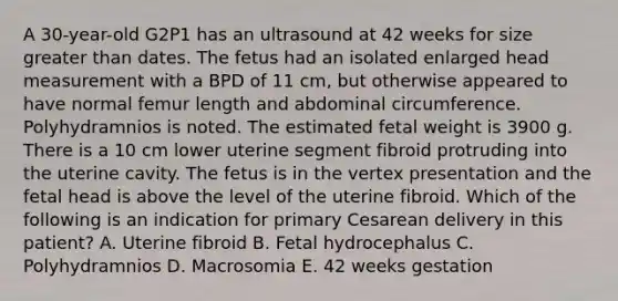 A 30-year-old G2P1 has an ultrasound at 42 weeks for size greater than dates. The fetus had an isolated enlarged head measurement with a BPD of 11 cm, but otherwise appeared to have normal femur length and abdominal circumference. Polyhydramnios is noted. The estimated fetal weight is 3900 g. There is a 10 cm lower uterine segment fibroid protruding into the uterine cavity. The fetus is in the vertex presentation and the fetal head is above the level of the uterine fibroid. Which of the following is an indication for primary Cesarean delivery in this patient? A. Uterine fibroid B. Fetal hydrocephalus C. Polyhydramnios D. Macrosomia E. 42 weeks gestation