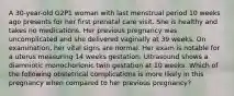 A 30-year-old G2P1 woman with last menstrual period 10 weeks ago presents for her first prenatal care visit. She is healthy and takes no medications. Her previous pregnancy was uncomplicated and she delivered vaginally at 39 weeks. On examination, her vital signs are normal. Her exam is notable for a uterus measuring 14 weeks gestation. Ultrasound shows a diamniotic monochorionic twin gestation at 10 weeks. Which of the following obstetrical complications is more likely in this pregnancy when compared to her previous pregnancy?