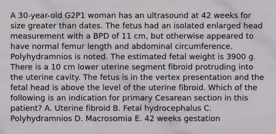 A 30-year-old G2P1 woman has an ultrasound at 42 weeks for size greater than dates. The fetus had an isolated enlarged head measurement with a BPD of 11 cm, but otherwise appeared to have normal femur length and abdominal circumference. Polyhydramnios is noted. The estimated fetal weight is 3900 g. There is a 10 cm lower uterine segment fibroid protruding into the uterine cavity. The fetus is in the vertex presentation and the fetal head is above the level of the uterine fibroid. Which of the following is an indication for primary Cesarean section in this patient? A. Uterine fibroid B. Fetal hydrocephalus C. Polyhydramnios D. Macrosomia E. 42 weeks gestation