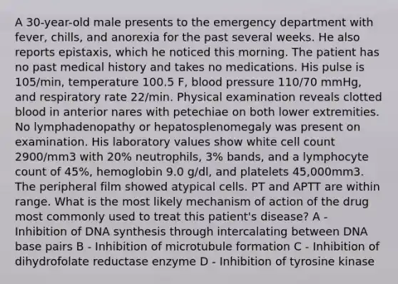 A 30-year-old male presents to the emergency department with fever, chills, and anorexia for the past several weeks. He also reports epistaxis, which he noticed this morning. The patient has no past medical history and takes no medications. His pulse is 105/min, temperature 100.5 F, blood pressure 110/70 mmHg, and respiratory rate 22/min. Physical examination reveals clotted blood in anterior nares with petechiae on both lower extremities. No lymphadenopathy or hepatosplenomegaly was present on examination. His laboratory values show white cell count 2900/mm3 with 20% neutrophils, 3% bands, and a lymphocyte count of 45%, hemoglobin 9.0 g/dl, and platelets 45,000mm3. The peripheral film showed atypical cells. PT and APTT are within range. What is the most likely mechanism of action of the drug most commonly used to treat this patient's disease? A - Inhibition of DNA synthesis through intercalating between DNA base pairs B - Inhibition of microtubule formation C - Inhibition of dihydrofolate reductase enzyme D - Inhibition of tyrosine kinase