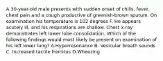 A 30-year-old male presents with sudden onset of chills, fever, chest pain and a cough productive of greenish-brown sputum. On examination his temperature is 102 degrees F. He appears acutely ill, and his respirations are shallow. Chest x-ray demonstrates left lower lobe consolidation. Which of the following findings would most likely be present on examination of his left lower lung? A.Hyperresonance B. Vesicular breath sounds C. Increased tactile fremitus D.Wheezing