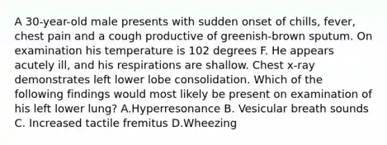 A 30-year-old male presents with sudden onset of chills, fever, chest pain and a cough productive of greenish-brown sputum. On examination his temperature is 102 degrees F. He appears acutely ill, and his respirations are shallow. Chest x-ray demonstrates left lower lobe consolidation. Which of the following findings would most likely be present on examination of his left lower lung? A.Hyperresonance B. Vesicular breath sounds C. Increased tactile fremitus D.Wheezing