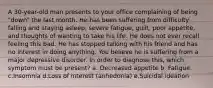 A 30-year-old man presents to your office complaining of being "down" the last month. He has been suffering from difficulty falling and staying asleep, severe fatigue, guilt, poor appetite, and thoughts of wanting to take his life. He does not ever recall feeling this bad. He has stopped talking with his friend and has no interest in doing anything. You believe he is suffering from a major depressive disorder. In order to diagnose this, which symptom must be present? a. Decreased appetite b. Fatigue c.Insomnia d.Loss of interest (anhedonia) e.Suicidal ideation