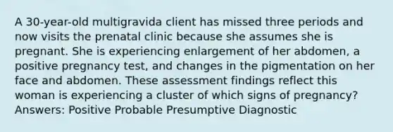 A 30-year-old multigravida client has missed three periods and now visits the prenatal clinic because she assumes she is pregnant. She is experiencing enlargement of her abdomen, a positive pregnancy test, and changes in the pigmentation on her face and abdomen. These assessment findings reflect this woman is experiencing a cluster of which signs of pregnancy? Answers: Positive Probable Presumptive Diagnostic