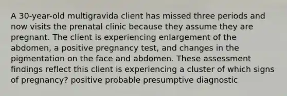 A 30-year-old multigravida client has missed three periods and now visits the prenatal clinic because they assume they are pregnant. The client is experiencing enlargement of the abdomen, a positive pregnancy test, and changes in the pigmentation on the face and abdomen. These assessment findings reflect this client is experiencing a cluster of which signs of pregnancy? positive probable presumptive diagnostic